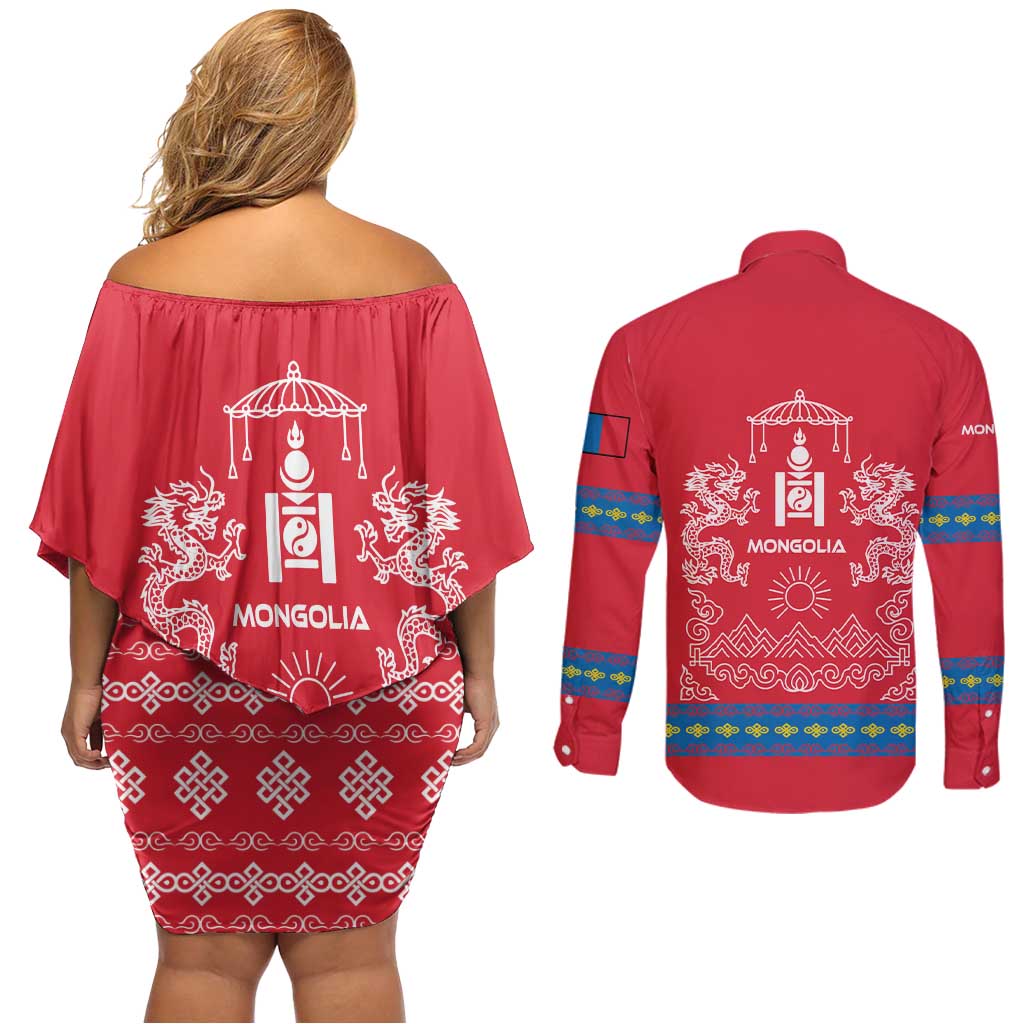 Mongolia Couples Matching Off Shoulder Short Dress and Long Sleeve Button Shirt with Soyombo Dragon Sun Red Blue Tradition Spirit