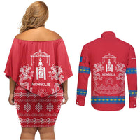 Mongolia Couples Matching Off Shoulder Short Dress and Long Sleeve Button Shirt with Soyombo Dragon Sun Red Blue Tradition Spirit