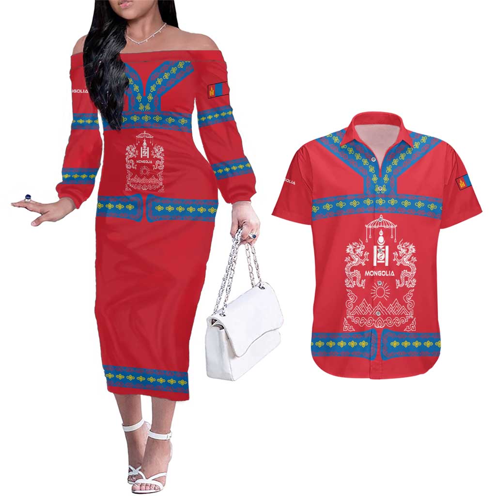 Mongolia Couples Matching Off The Shoulder Long Sleeve Dress and Hawaiian Shirt with Soyombo Dragon Sun Red Blue Tradition Spirit