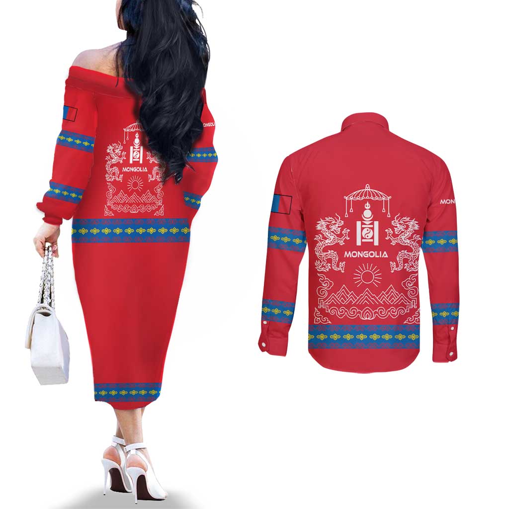 Mongolia Couples Matching Off The Shoulder Long Sleeve Dress and Long Sleeve Button Shirt with Soyombo Dragon Sun Red Blue Tradition Spirit