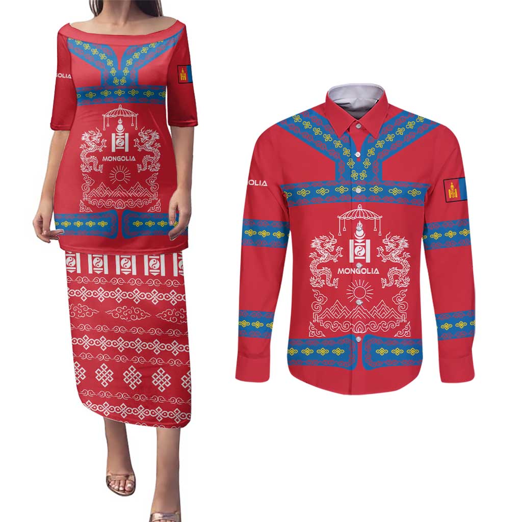 Mongolia Couples Matching Puletasi and Long Sleeve Button Shirt with Soyombo Dragon Sun Red Blue Tradition Spirit