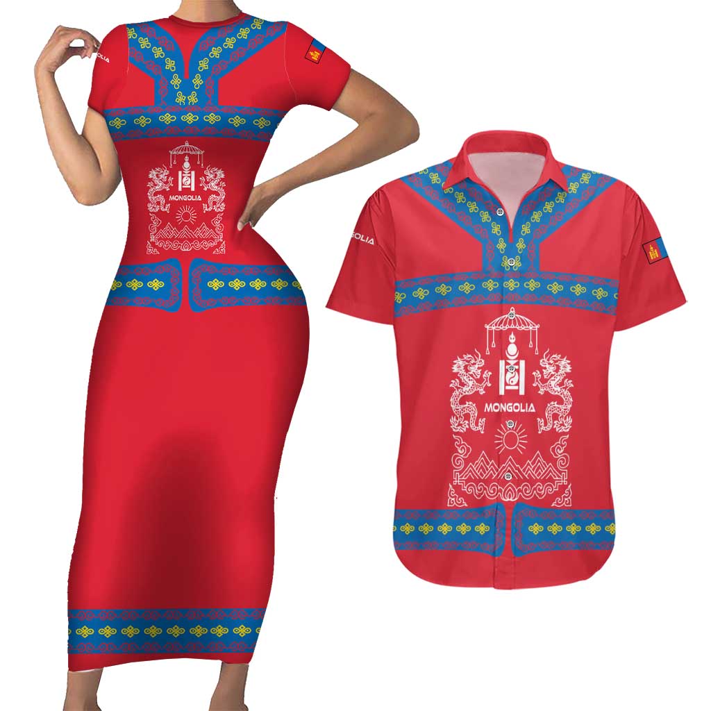 Mongolia Couples Matching Short Sleeve Bodycon Dress and Hawaiian Shirt with Soyombo Dragon Sun Red Blue Tradition Spirit