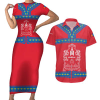 Mongolia Couples Matching Short Sleeve Bodycon Dress and Hawaiian Shirt with Soyombo Dragon Sun Red Blue Tradition Spirit