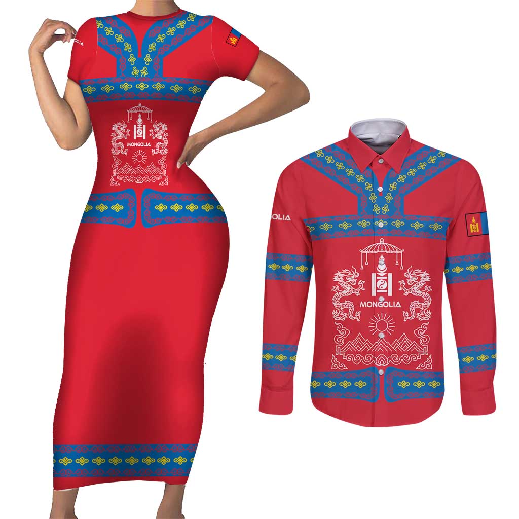 Mongolia Couples Matching Short Sleeve Bodycon Dress and Long Sleeve Button Shirt with Soyombo Dragon Sun Red Blue Tradition Spirit