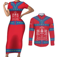 Mongolia Couples Matching Short Sleeve Bodycon Dress and Long Sleeve Button Shirt with Soyombo Dragon Sun Red Blue Tradition Spirit