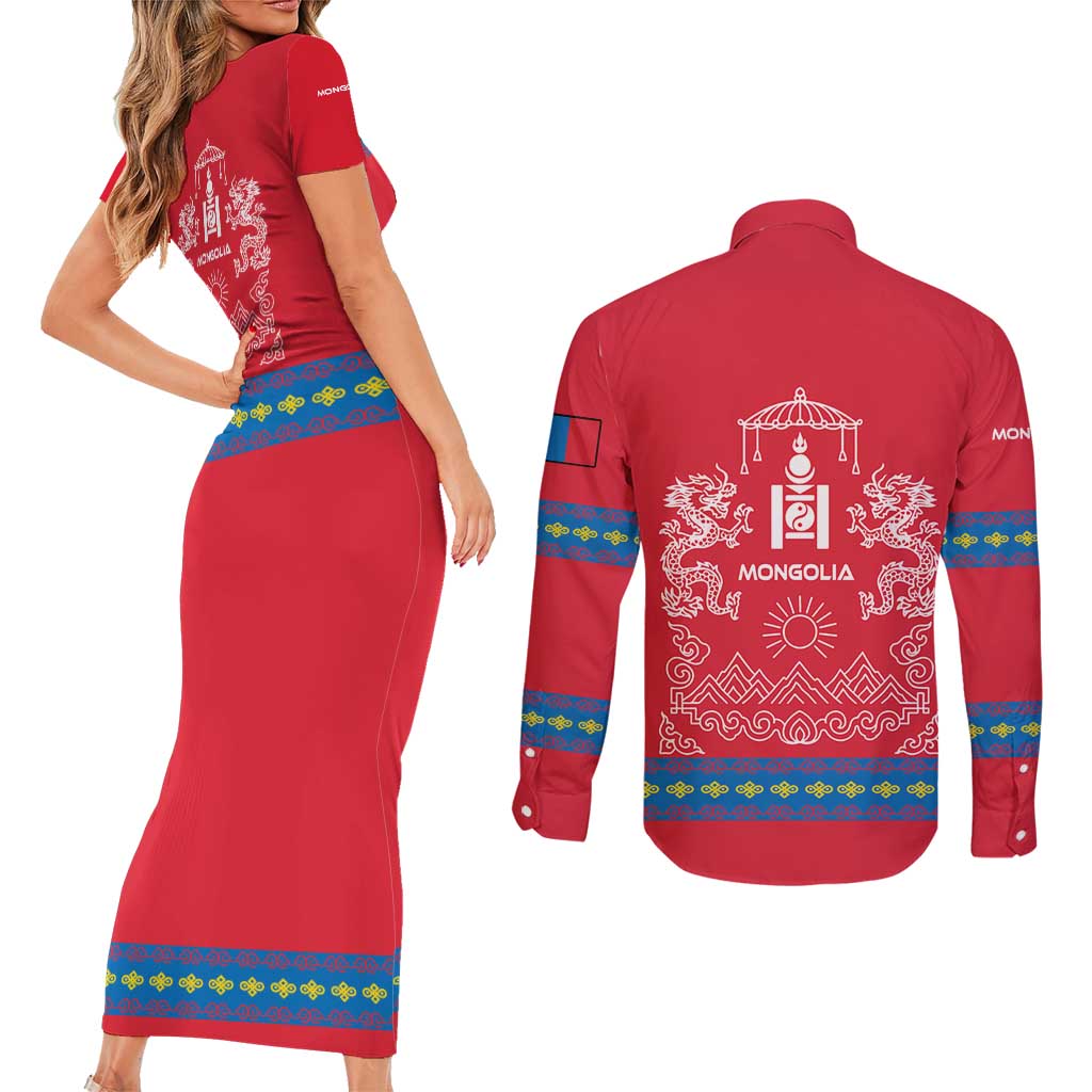 Mongolia Couples Matching Short Sleeve Bodycon Dress and Long Sleeve Button Shirt with Soyombo Dragon Sun Red Blue Tradition Spirit