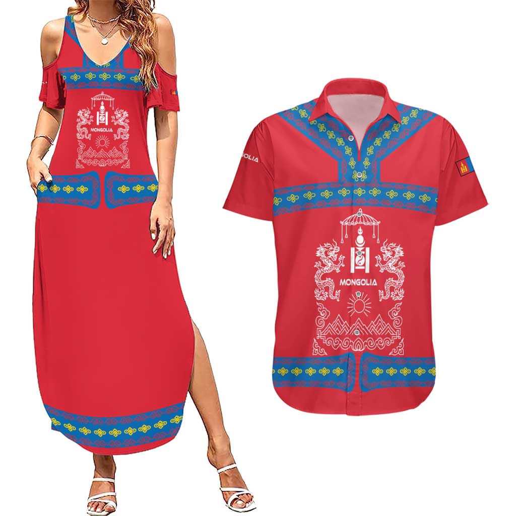 Mongolia Couples Matching Summer Maxi Dress and Hawaiian Shirt with Soyombo Dragon Sun Red Blue Tradition Spirit