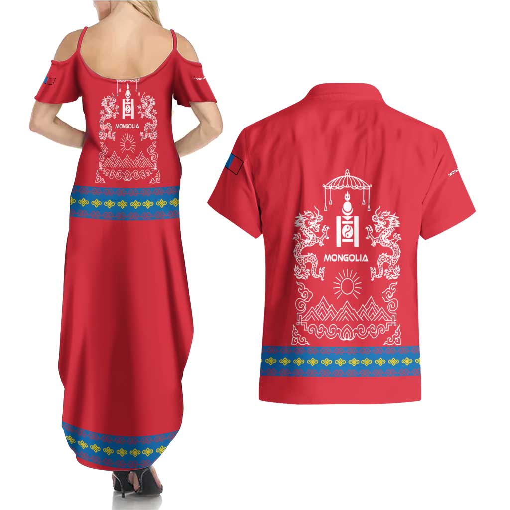 Mongolia Couples Matching Summer Maxi Dress and Hawaiian Shirt with Soyombo Dragon Sun Red Blue Tradition Spirit