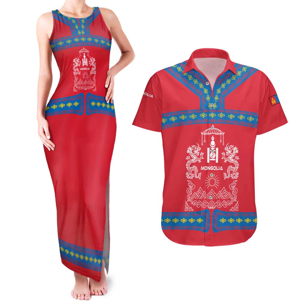 Mongolia Couples Matching Tank Maxi Dress and Hawaiian Shirt with Soyombo Dragon Sun Red Blue Tradition Spirit