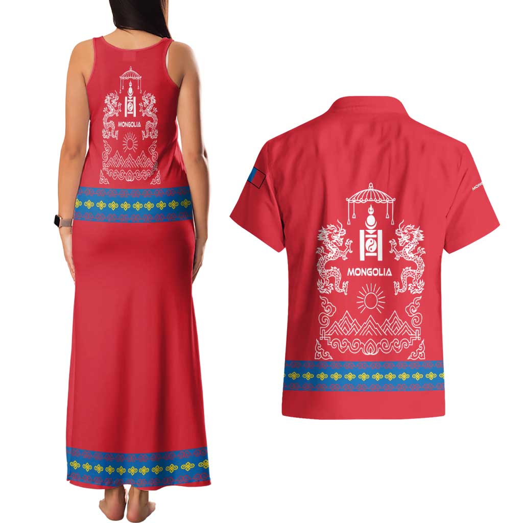 Mongolia Couples Matching Tank Maxi Dress and Hawaiian Shirt with Soyombo Dragon Sun Red Blue Tradition Spirit