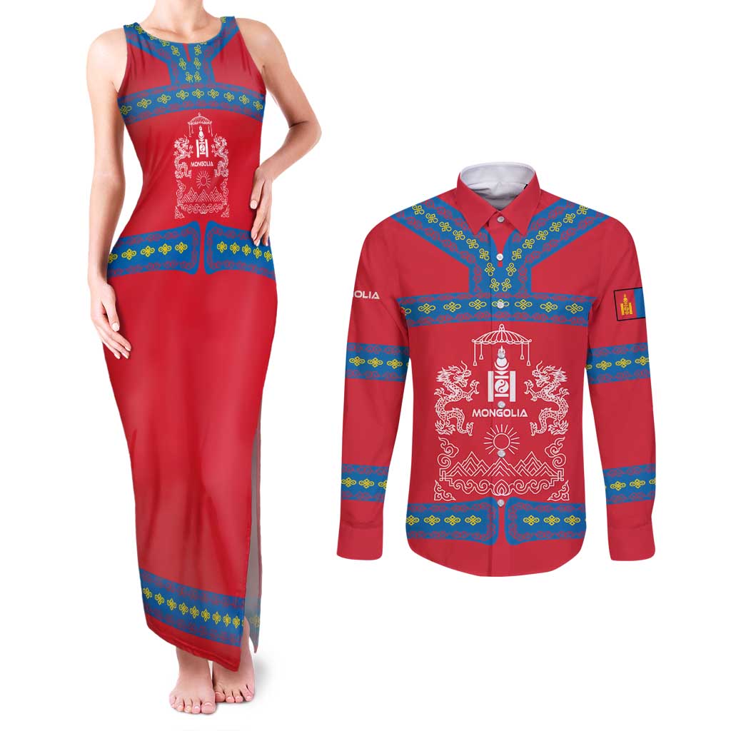 Mongolia Couples Matching Tank Maxi Dress and Long Sleeve Button Shirt with Soyombo Dragon Sun Red Blue Tradition Spirit