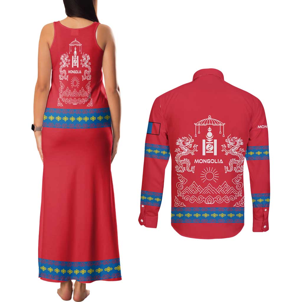 Mongolia Couples Matching Tank Maxi Dress and Long Sleeve Button Shirt with Soyombo Dragon Sun Red Blue Tradition Spirit