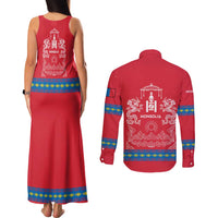 Mongolia Couples Matching Tank Maxi Dress and Long Sleeve Button Shirt with Soyombo Dragon Sun Red Blue Tradition Spirit