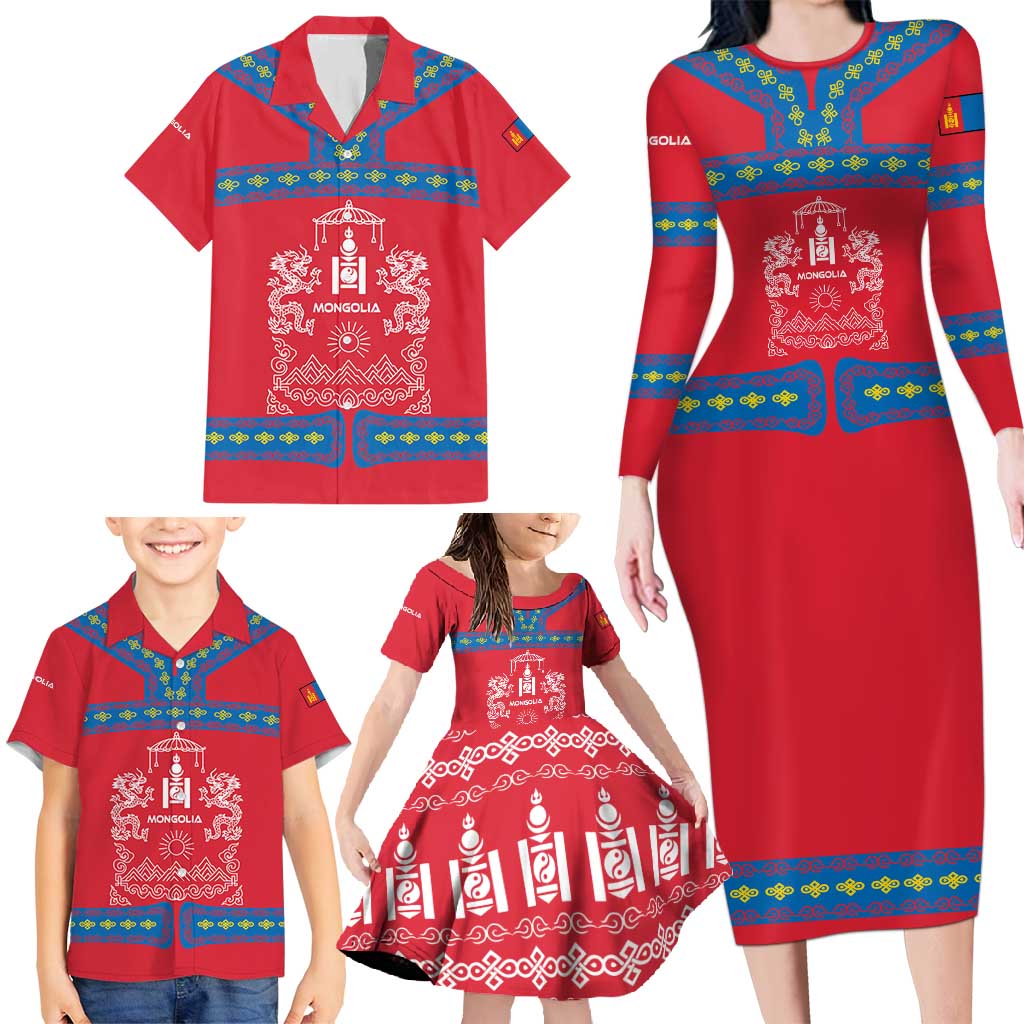 Mongolia Family Matching Long Sleeve Bodycon Dress and Hawaiian Shirt with Soyombo Dragon Sun Red Blue Tradition Spirit