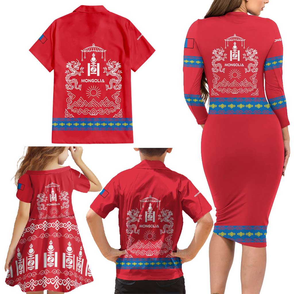 Mongolia Family Matching Long Sleeve Bodycon Dress and Hawaiian Shirt with Soyombo Dragon Sun Red Blue Tradition Spirit