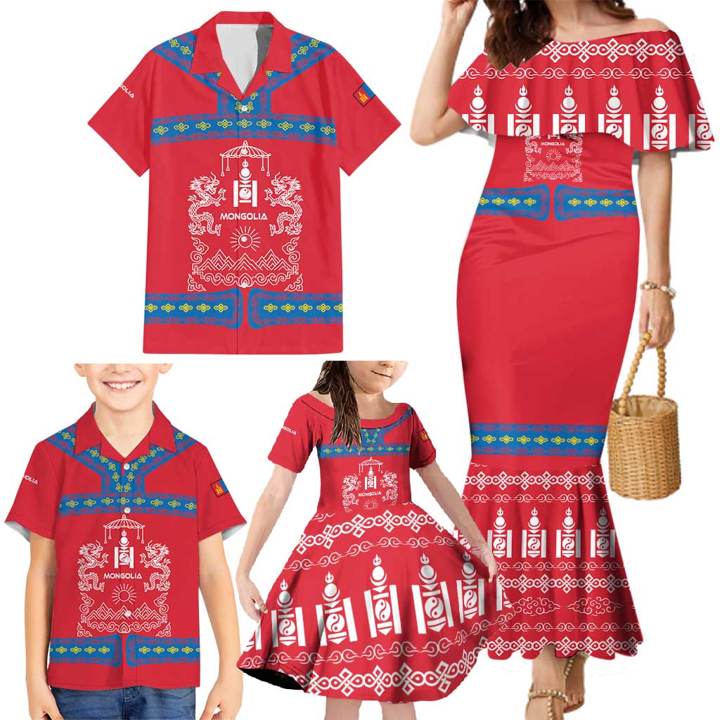 Mongolia Family Matching Mermaid Dress and Hawaiian Shirt with Soyombo Dragon Sun Red Blue Tradition Spirit
