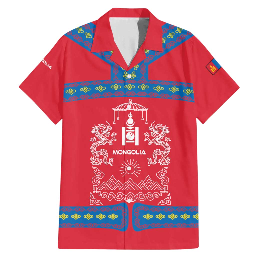 Mongolia Family Matching Mermaid Dress and Hawaiian Shirt with Soyombo Dragon Sun Red Blue Tradition Spirit