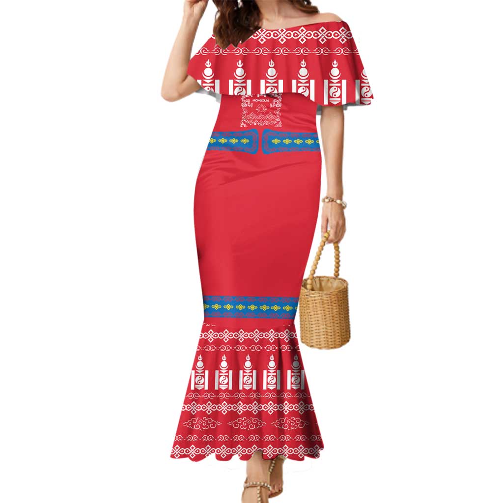 Mongolia Family Matching Mermaid Dress and Hawaiian Shirt with Soyombo Dragon Sun Red Blue Tradition Spirit