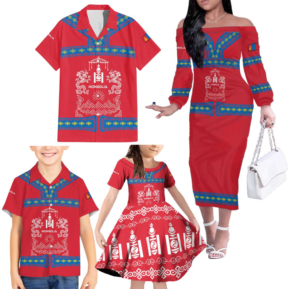 Mongolia Family Matching Off The Shoulder Long Sleeve Dress and Hawaiian Shirt with Soyombo Dragon Sun Red Blue Tradition Spirit
