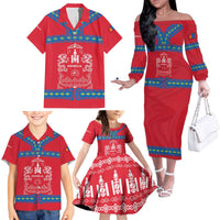 Mongolia Family Matching Off The Shoulder Long Sleeve Dress and Hawaiian Shirt with Soyombo Dragon Sun Red Blue Tradition Spirit