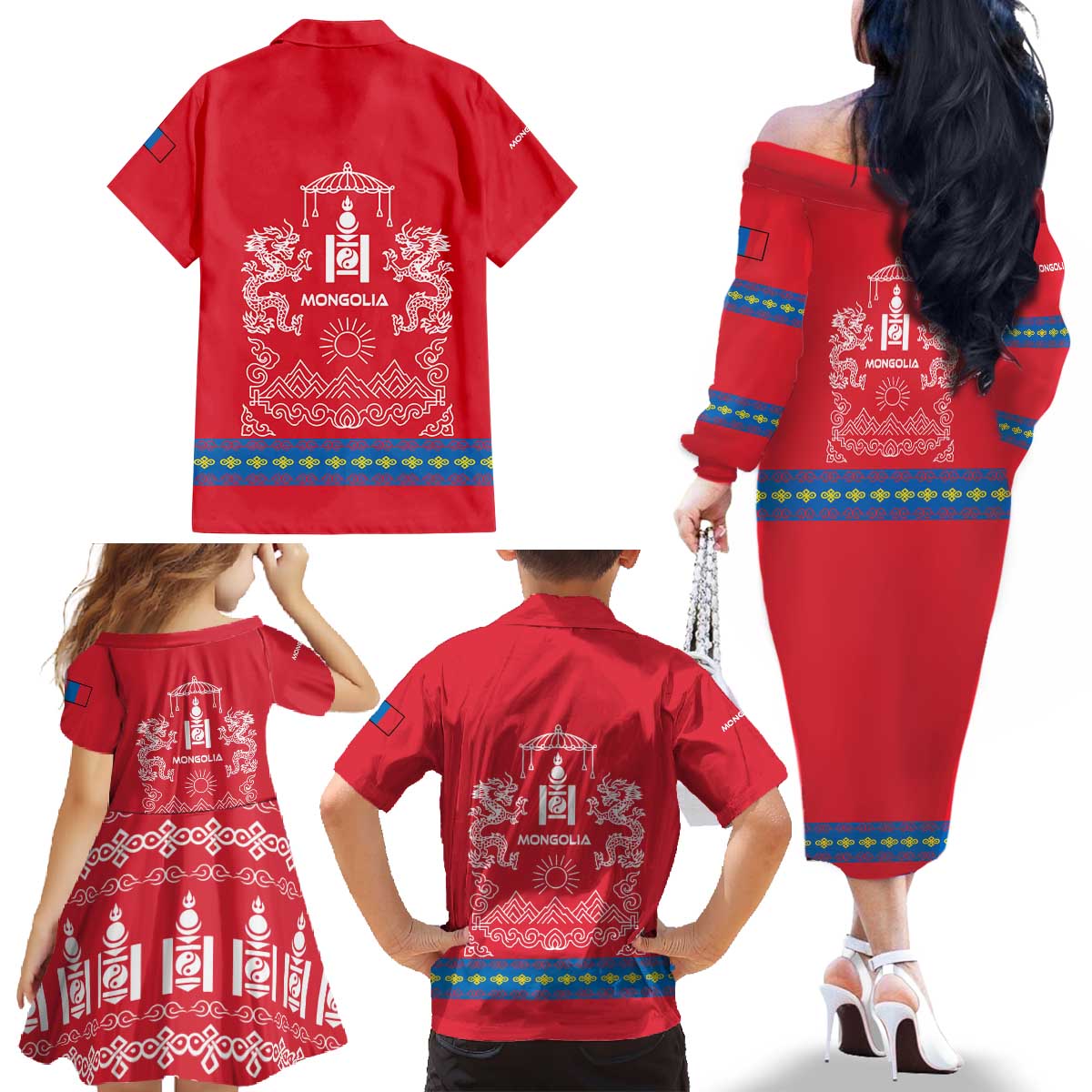 Mongolia Family Matching Off The Shoulder Long Sleeve Dress and Hawaiian Shirt with Soyombo Dragon Sun Red Blue Tradition Spirit