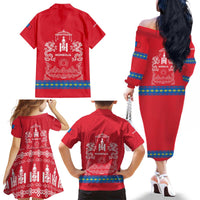 Mongolia Family Matching Off The Shoulder Long Sleeve Dress and Hawaiian Shirt with Soyombo Dragon Sun Red Blue Tradition Spirit