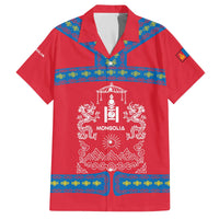 Mongolia Family Matching Off The Shoulder Long Sleeve Dress and Hawaiian Shirt with Soyombo Dragon Sun Red Blue Tradition Spirit