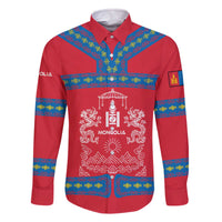 Mongolia Family Matching Off The Shoulder Long Sleeve Dress and Hawaiian Shirt with Soyombo Dragon Sun Red Blue Tradition Spirit