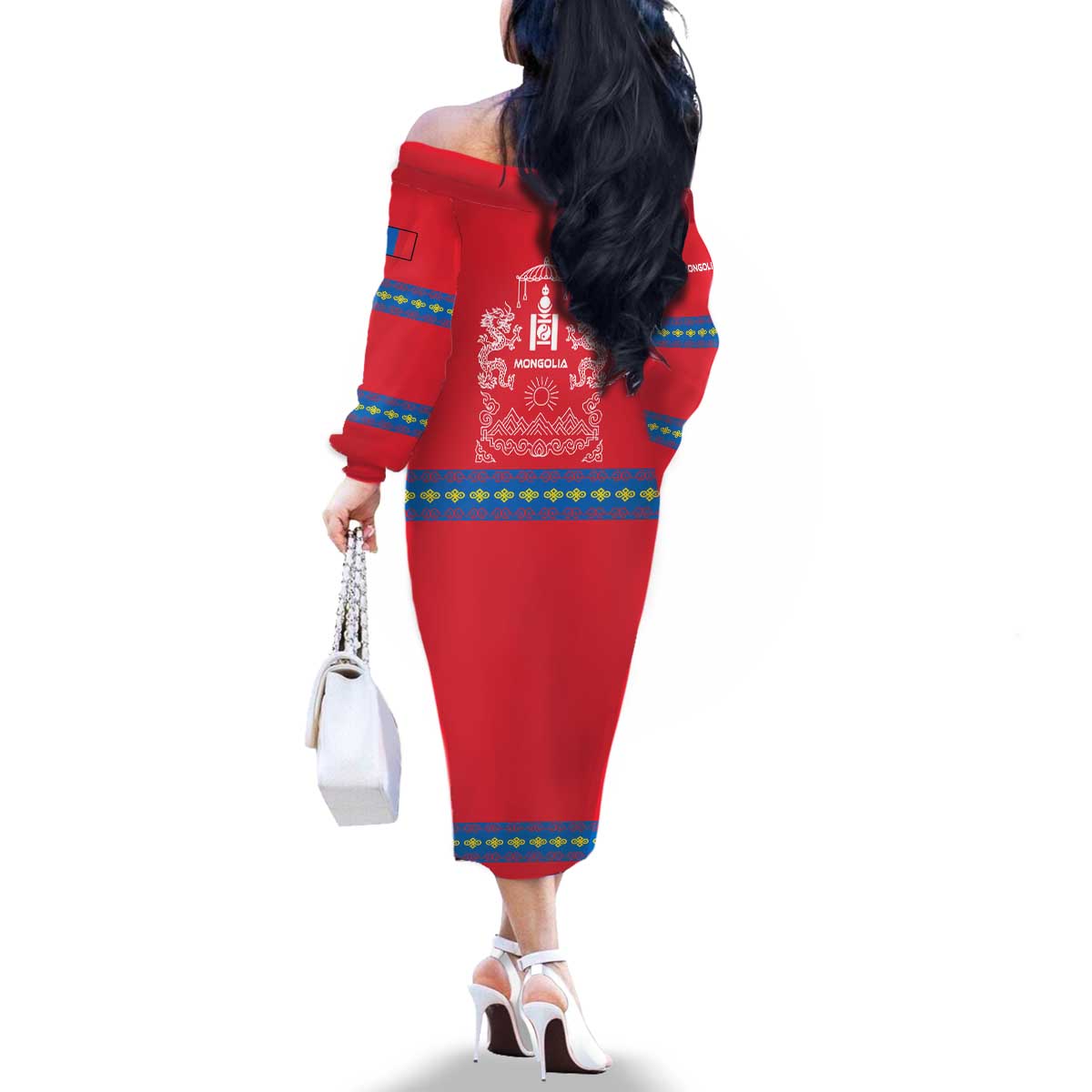 Mongolia Family Matching Off The Shoulder Long Sleeve Dress and Hawaiian Shirt with Soyombo Dragon Sun Red Blue Tradition Spirit