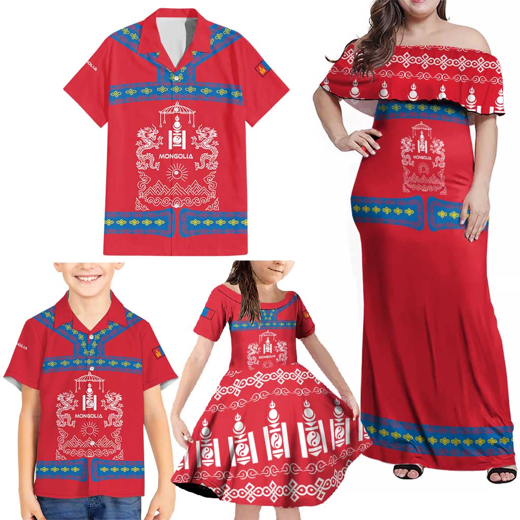 Mongolia Family Matching Off Shoulder Maxi Dress and Hawaiian Shirt with Soyombo Dragon Sun Red Blue Tradition Spirit