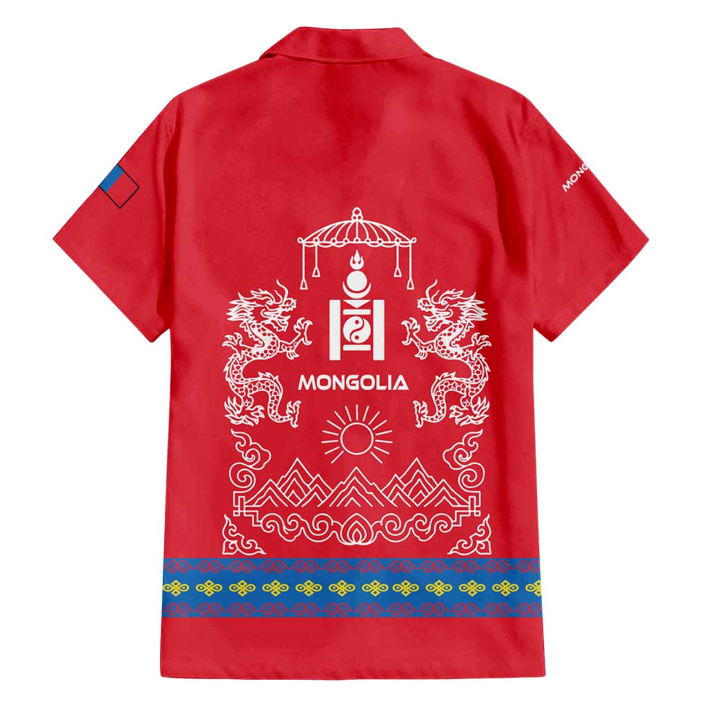 Mongolia Family Matching Off Shoulder Maxi Dress and Hawaiian Shirt with Soyombo Dragon Sun Red Blue Tradition Spirit