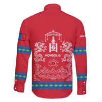 Mongolia Family Matching Off Shoulder Maxi Dress and Hawaiian Shirt with Soyombo Dragon Sun Red Blue Tradition Spirit