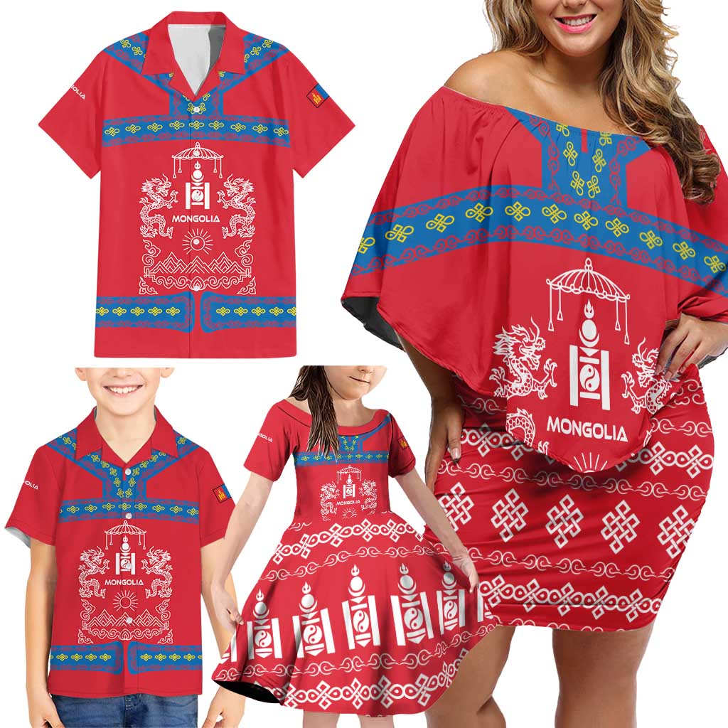 Mongolia Family Matching Off Shoulder Short Dress and Hawaiian Shirt with Soyombo Dragon Sun Red Blue Tradition Spirit
