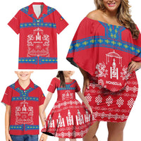 Mongolia Family Matching Off Shoulder Short Dress and Hawaiian Shirt with Soyombo Dragon Sun Red Blue Tradition Spirit