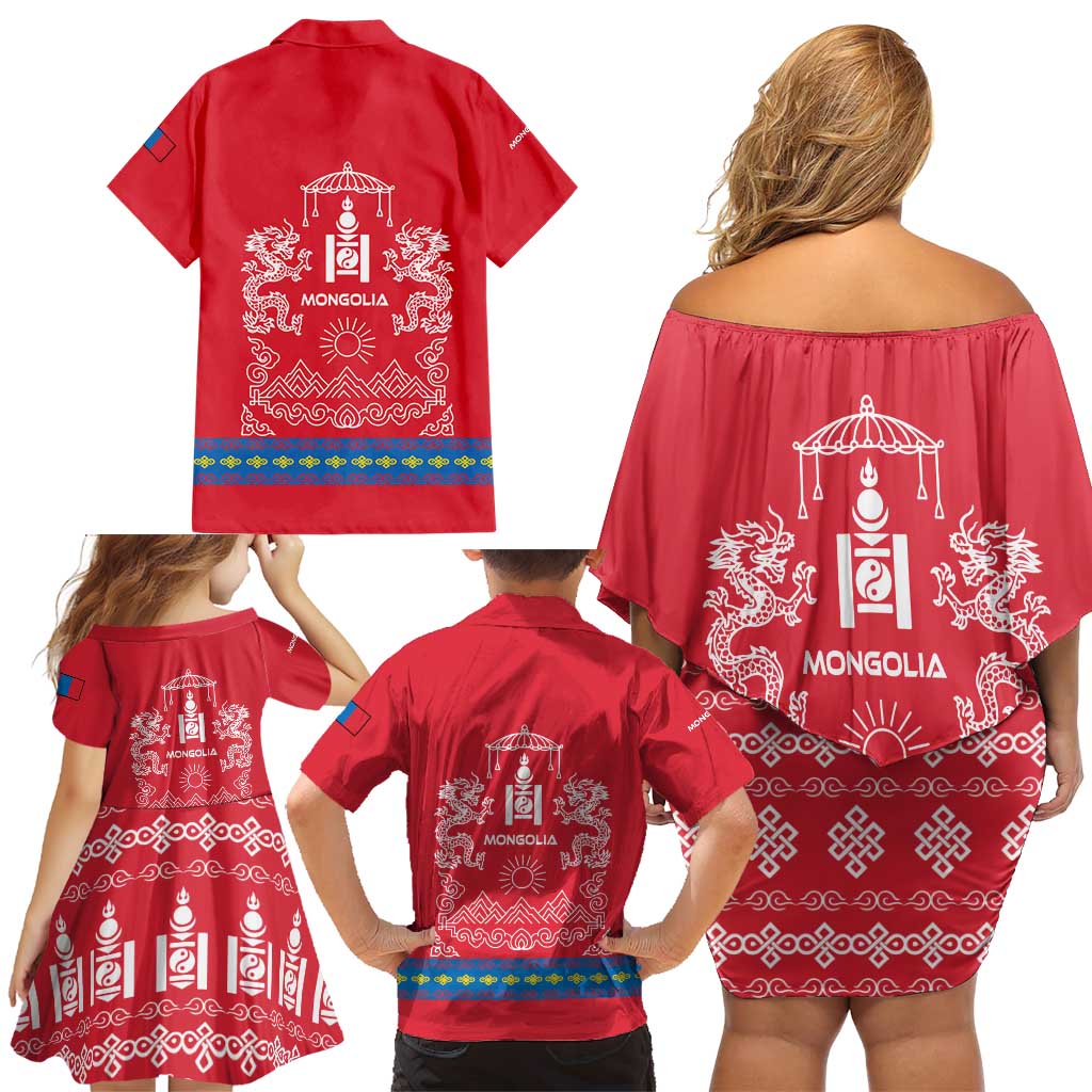 Mongolia Family Matching Off Shoulder Short Dress and Hawaiian Shirt with Soyombo Dragon Sun Red Blue Tradition Spirit
