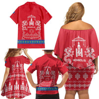 Mongolia Family Matching Off Shoulder Short Dress and Hawaiian Shirt with Soyombo Dragon Sun Red Blue Tradition Spirit