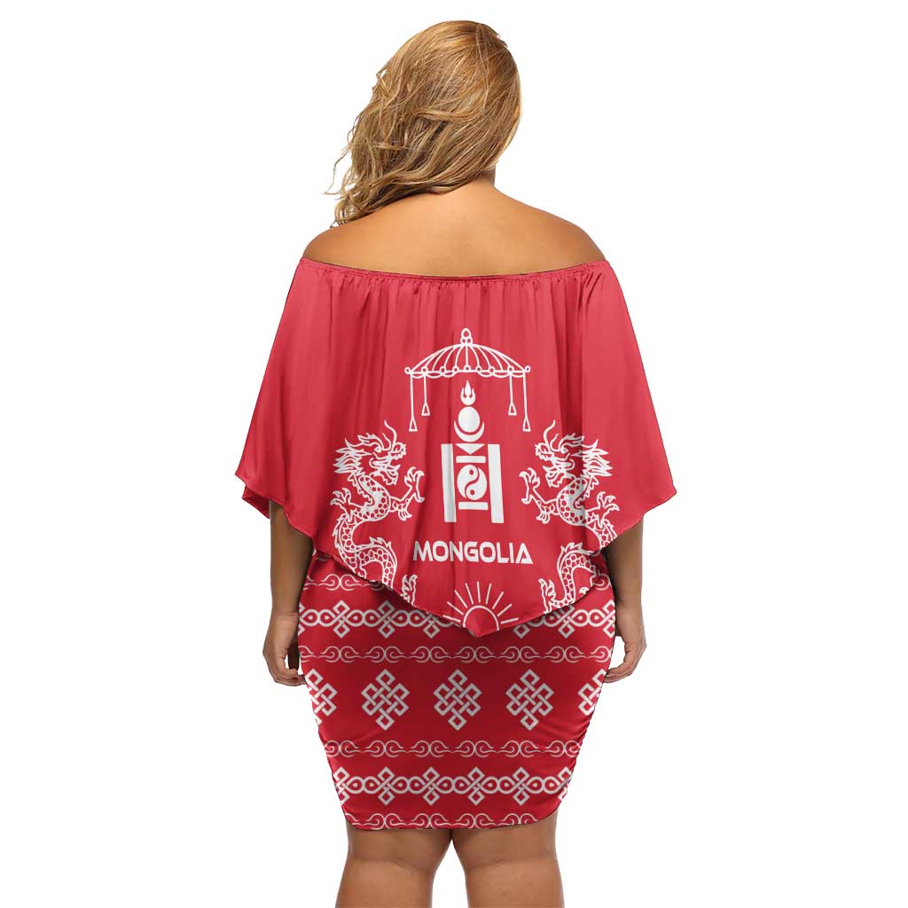 Mongolia Family Matching Off Shoulder Short Dress and Hawaiian Shirt with Soyombo Dragon Sun Red Blue Tradition Spirit