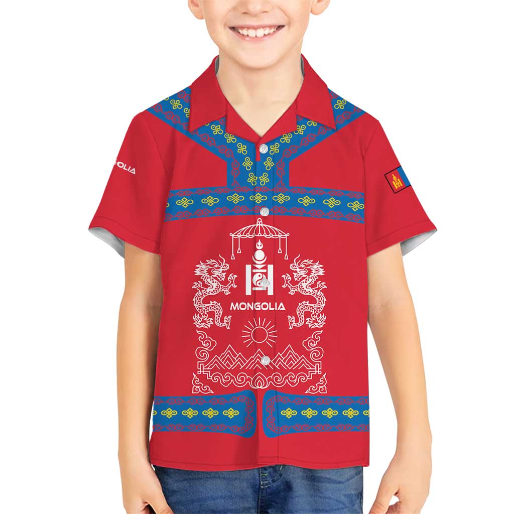 Mongolia Family Matching Off Shoulder Short Dress and Hawaiian Shirt with Soyombo Dragon Sun Red Blue Tradition Spirit