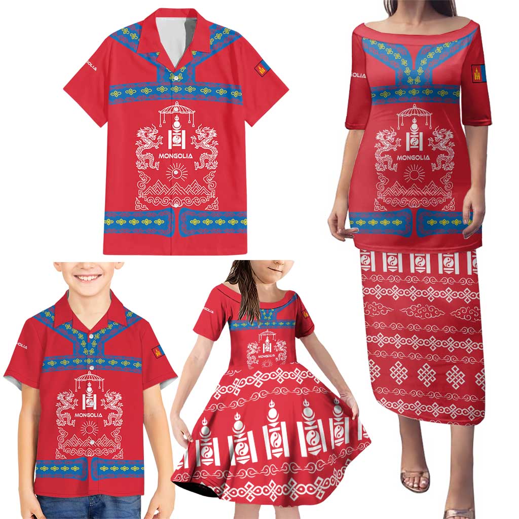 Mongolia Family Matching Puletasi and Hawaiian Shirt with Soyombo Dragon Sun Red Blue Tradition Spirit