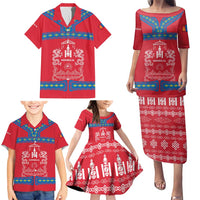 Mongolia Family Matching Puletasi and Hawaiian Shirt with Soyombo Dragon Sun Red Blue Tradition Spirit