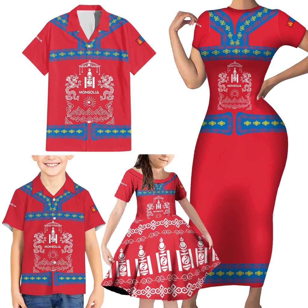 Mongolia Family Matching Short Sleeve Bodycon Dress and Hawaiian Shirt with Soyombo Dragon Sun Red Blue Tradition Spirit