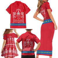Mongolia Family Matching Short Sleeve Bodycon Dress and Hawaiian Shirt with Soyombo Dragon Sun Red Blue Tradition Spirit