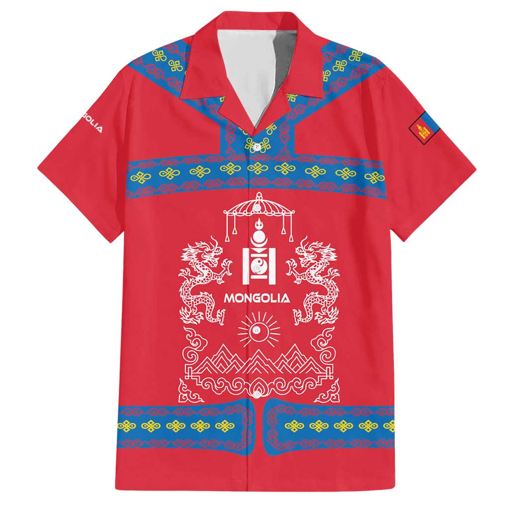 Mongolia Family Matching Short Sleeve Bodycon Dress and Hawaiian Shirt with Soyombo Dragon Sun Red Blue Tradition Spirit