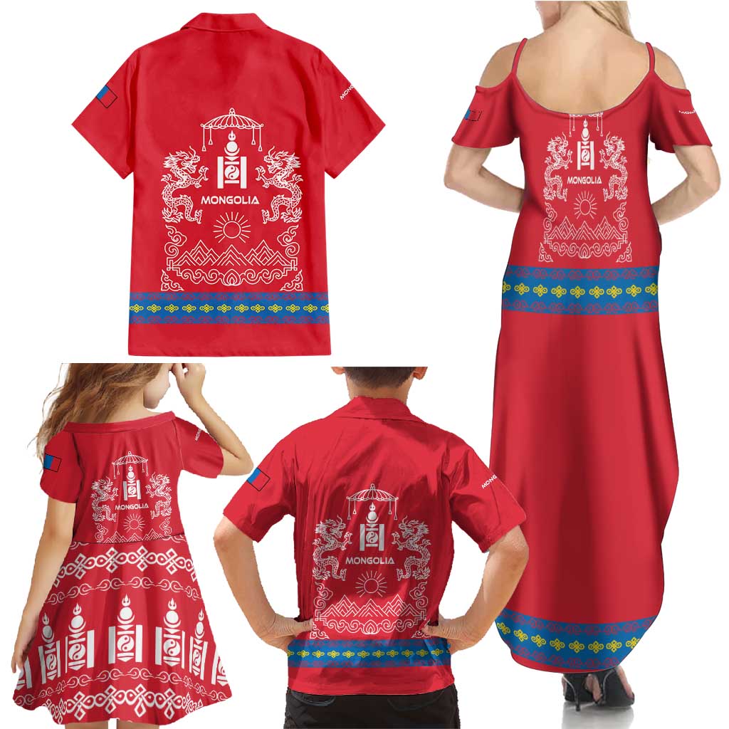 Mongolia Family Matching Summer Maxi Dress and Hawaiian Shirt with Soyombo Dragon Sun Red Blue Tradition Spirit