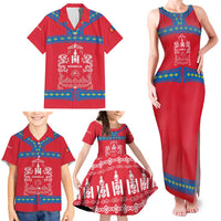 Mongolia Family Matching Tank Maxi Dress and Hawaiian Shirt with Soyombo Dragon Sun Red Blue Tradition Spirit