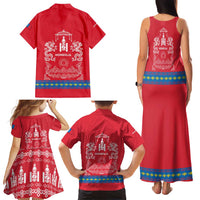 Mongolia Family Matching Tank Maxi Dress and Hawaiian Shirt with Soyombo Dragon Sun Red Blue Tradition Spirit