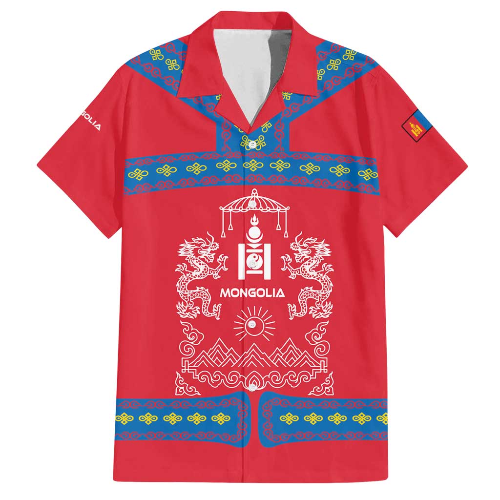 Mongolia Family Matching Tank Maxi Dress and Hawaiian Shirt with Soyombo Dragon Sun Red Blue Tradition Spirit