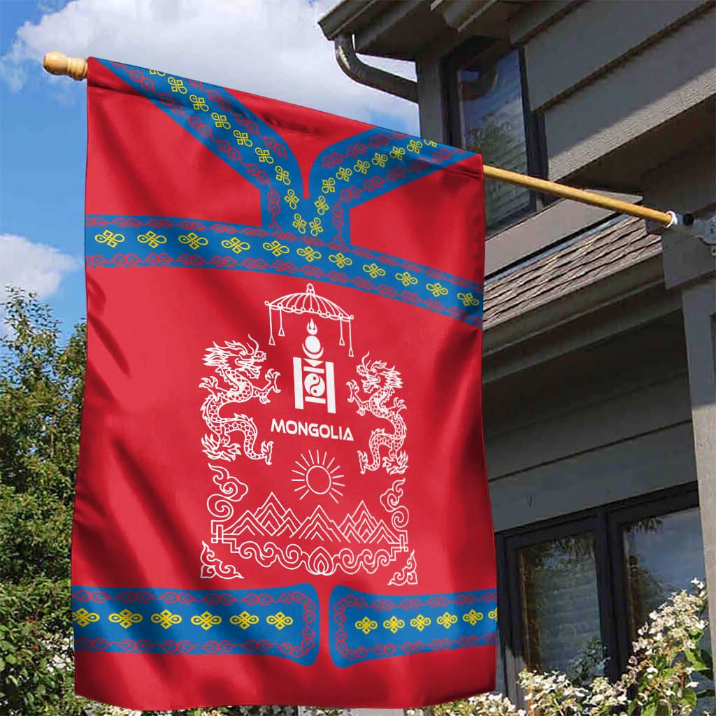 Mongolia Garden Flag with Soyombo Dragon Sun Red Blue Tradition Spirit