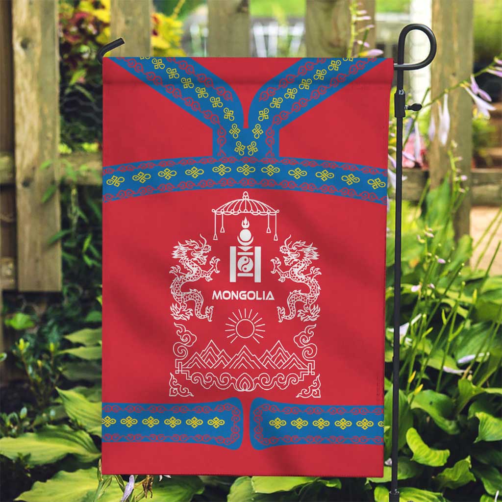 Mongolia Garden Flag with Soyombo Dragon Sun Red Blue Tradition Spirit