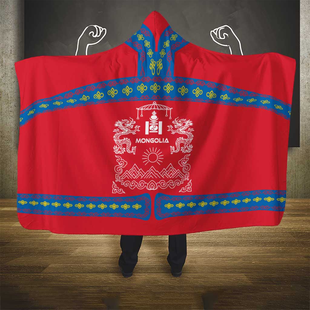 Mongolia Hooded Blanket with Soyombo Dragon Sun Red Blue Tradition Spirit